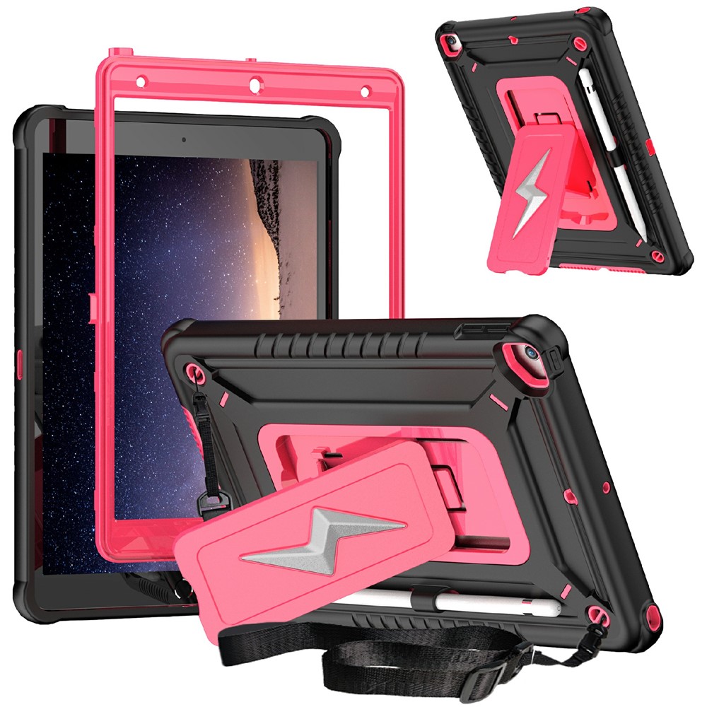 Tablet Case For iPad 10.2 (2021) / (2020) / (2019) / Pro 10.5-inch (2017) Kickstand PC + Silicone Cover with Shoulder Strap - Black + Rose