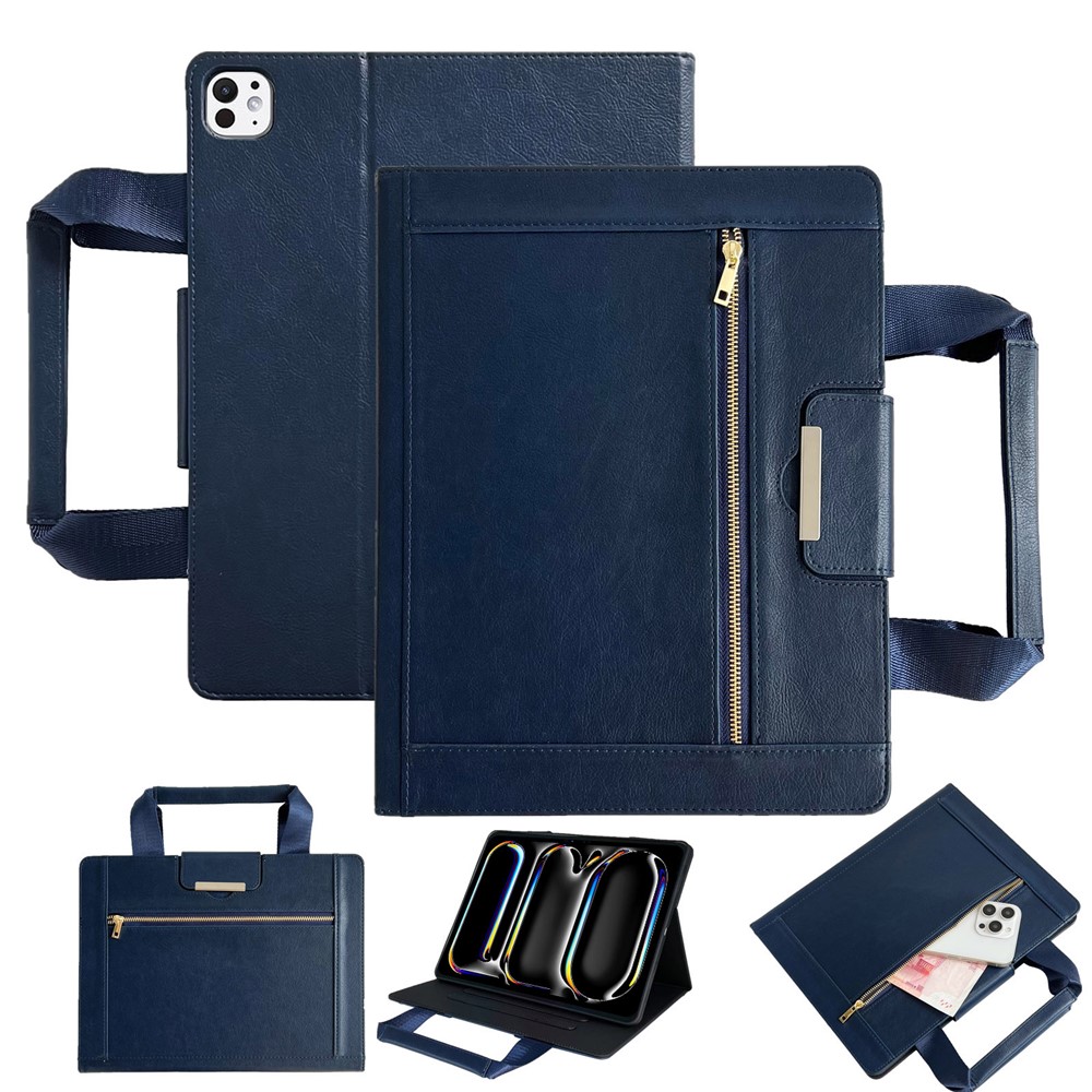 Tablet Case for iPad Pro 11 (2025) / 11 (2024) Auto Wake / Sleep Leather Cover with Handle / Zipper Pouch - Sapphire