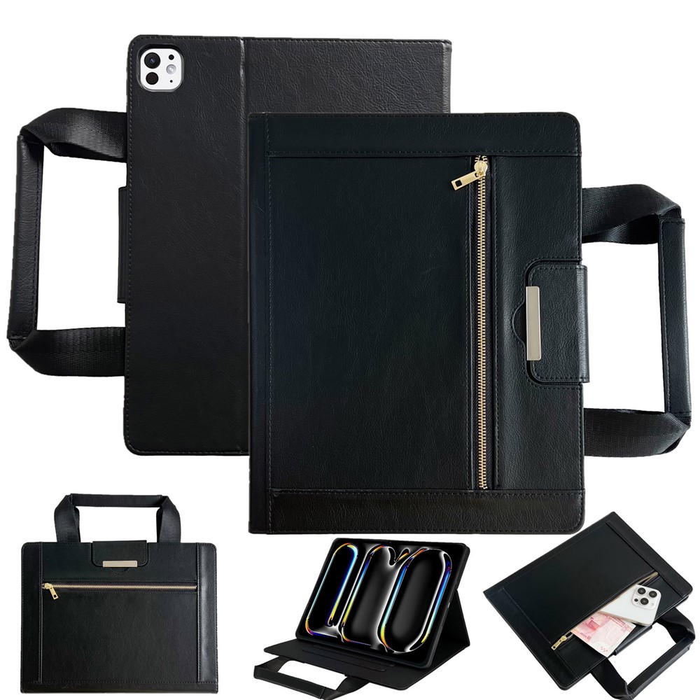 Tablet Case for iPad Pro 13 (2025) / 13 (2024) Auto Wake / Sleep Leather Cover with Handle / Zipper Pouch - Black