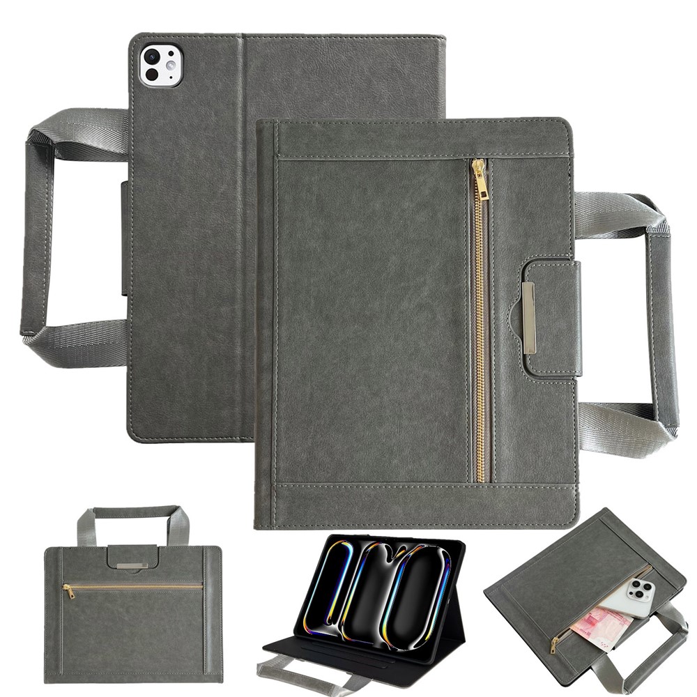 Tablet Case for iPad Pro 13 (2025) / 13 (2024) Auto Wake / Sleep Leather Cover with Handle / Zipper Pouch - Grey