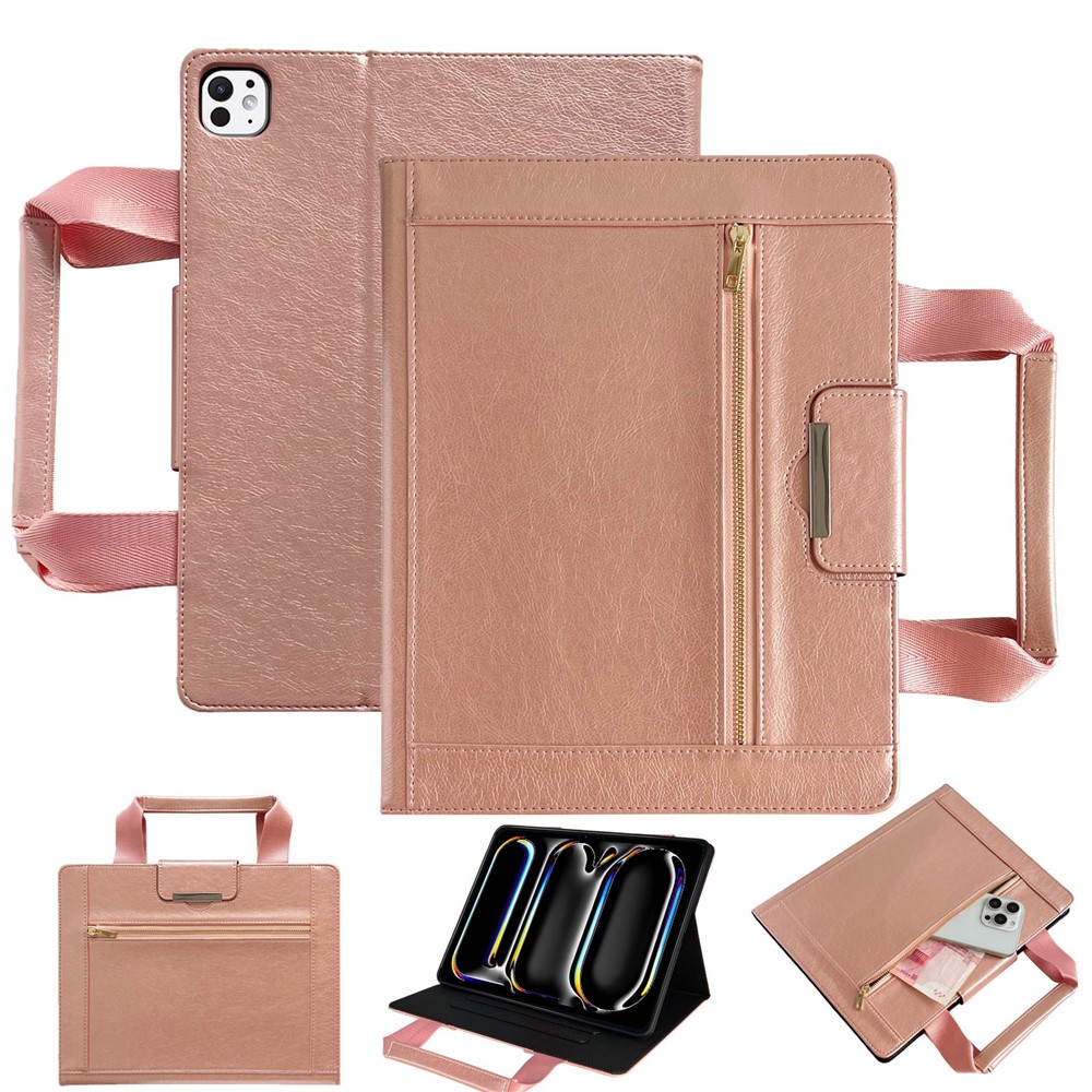 Tablet Case for iPad Pro 13 (2025) / 13 (2024) Auto Wake / Sleep Leather Cover with Handle / Zipper Pouch - Rose Gold