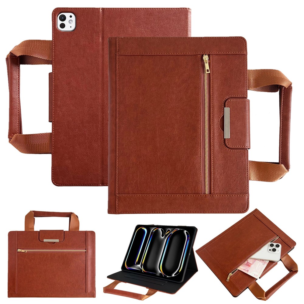Tablet Case for iPad Pro 13 (2025) / 13 (2024) Auto Wake / Sleep Leather Cover with Handle / Zipper Pouch - Brown
