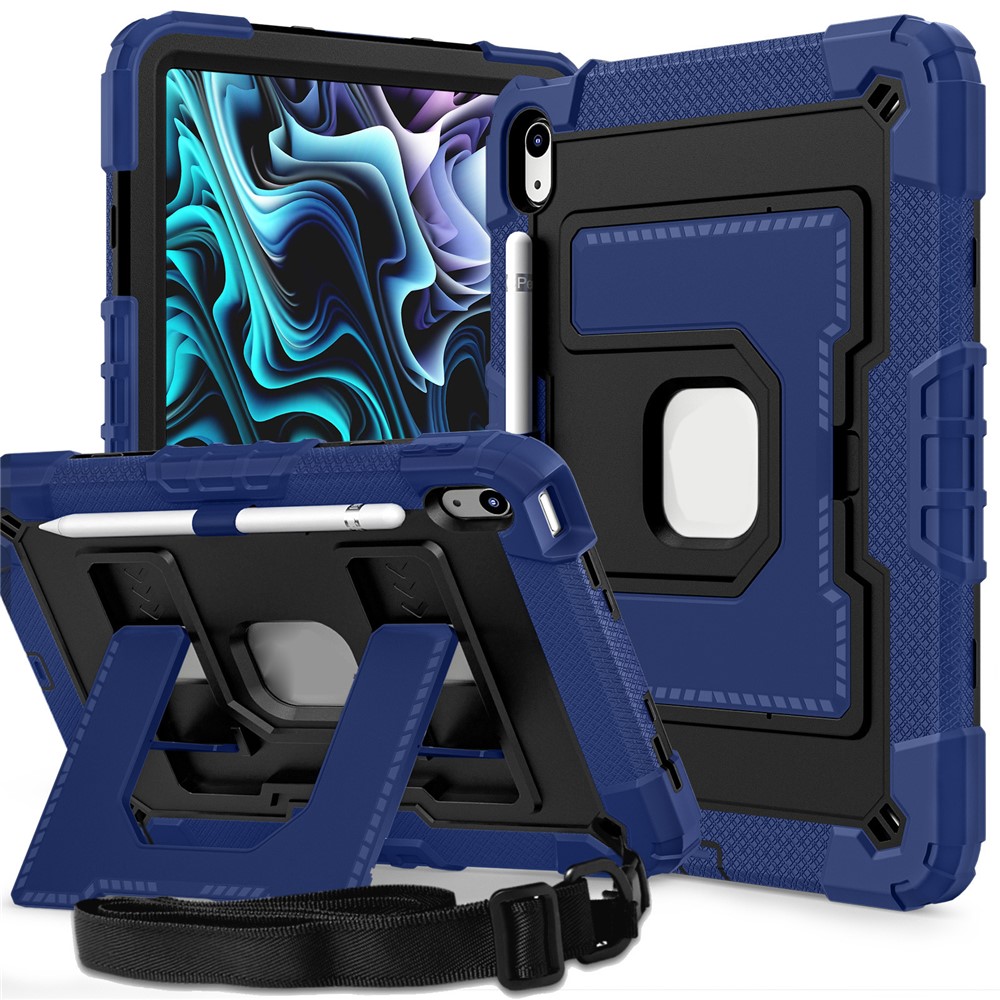 For iPad (2025) /  iPad 10.9 (2022) Case with Kickstand Strap Anti Drop PC + Silicone Tablet Cover - Navy Blue / Black