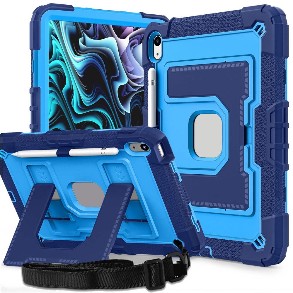For iPad (2025) / iPad 10.9 (2022) Case with Kickstand Strap Anti Drop PC + Silicone Tablet Cover - Navy Blue / Blue