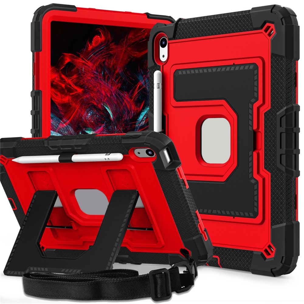 For iPad (2025) / iPad 10.9 (2022) Case with Kickstand Strap Anti Drop PC + Silicone Tablet Cover - Black / Red
