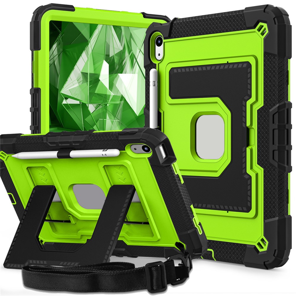 For iPad (2025) / iPad 10.9 (2022) Case with Kickstand Strap Anti Drop PC + Silicone Tablet Cover - Black / Yellowgreen