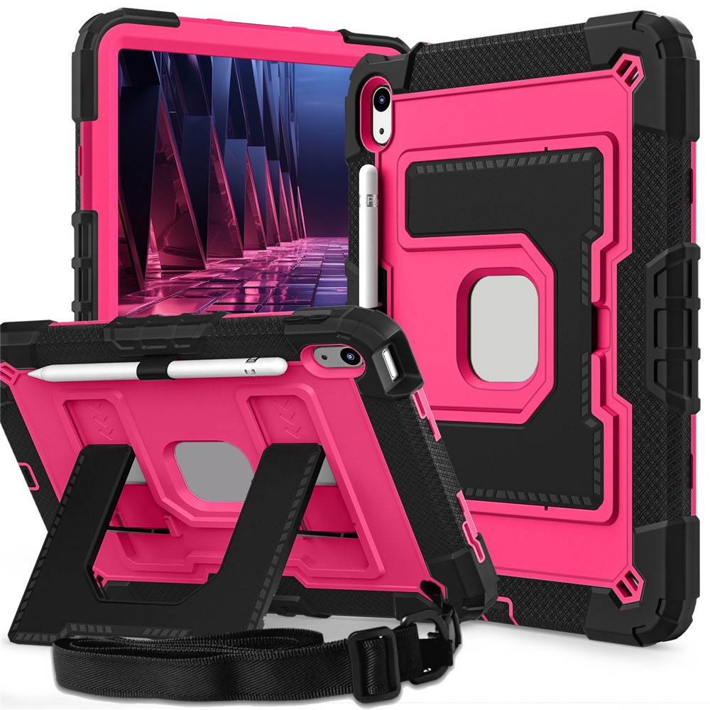 For iPad (2025) / iPad 10.9 (2022) Case with Kickstand Strap Anti Drop PC + Silicone Tablet Cover - Black / Rose