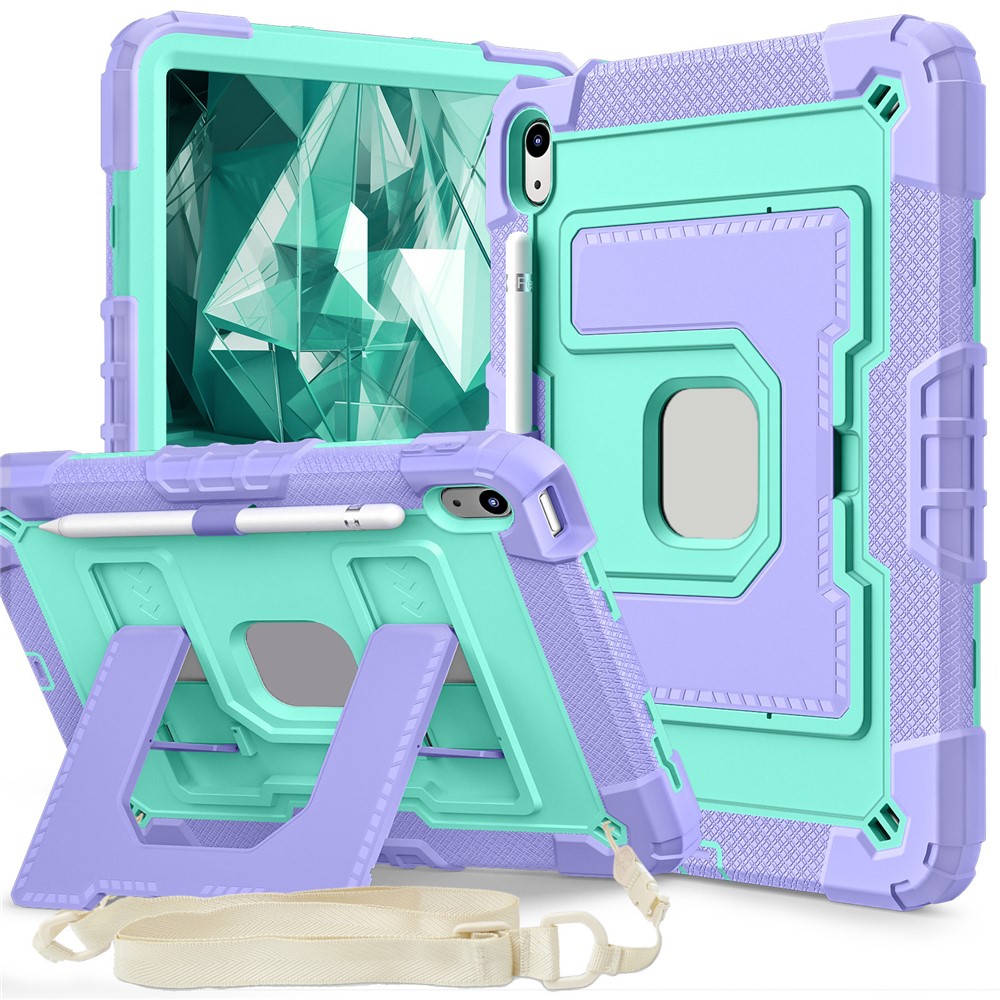 For iPad (2025) / iPad 10.9 (2022) Case with Kickstand Strap Anti Drop PC + Silicone Tablet Cover - Purple / Mint Green