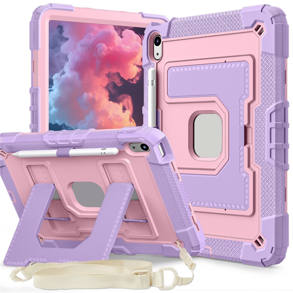 For iPad (2025) / iPad 10.9 (2022) Case with Kickstand Strap Anti Drop PC + Silicone Tablet Cover - Purple / Rose Gold