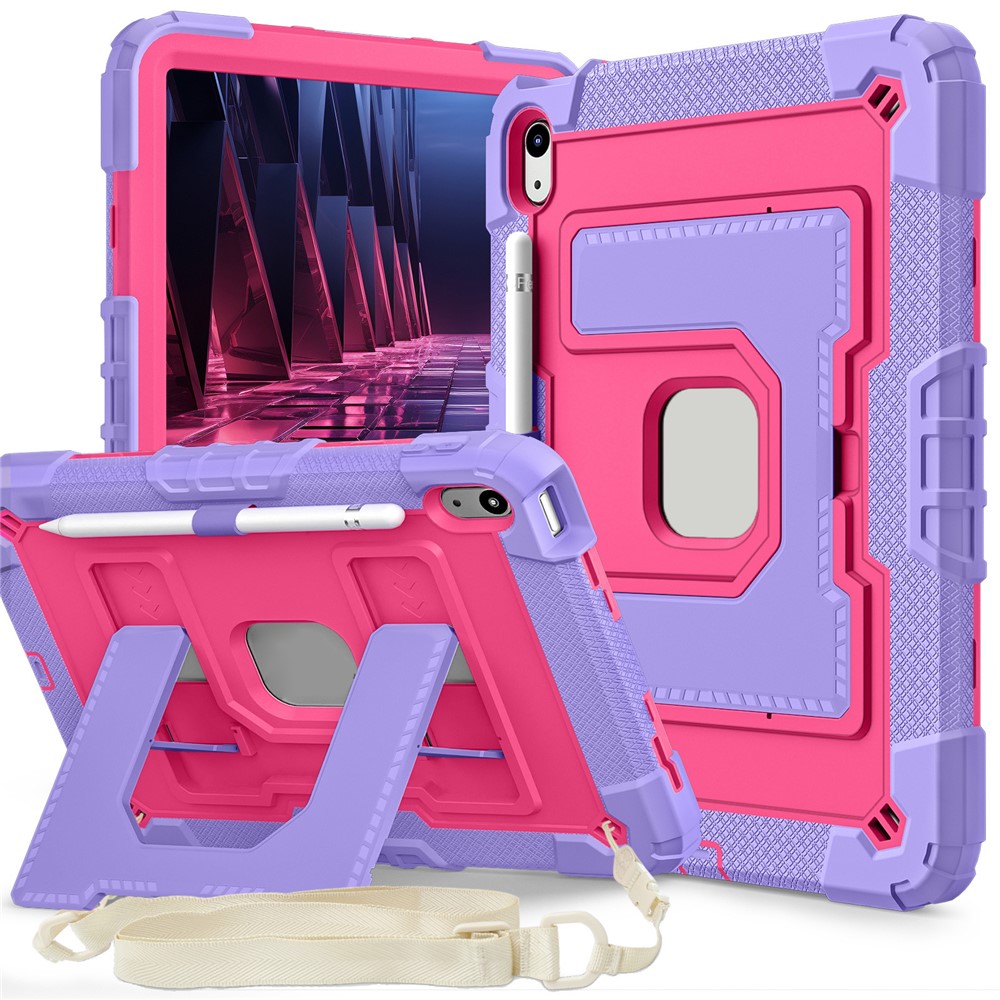 For iPad (2025) / iPad 10.9 (2022) Case with Kickstand Strap Anti Drop PC + Silicone Tablet Cover - Purple / Rose