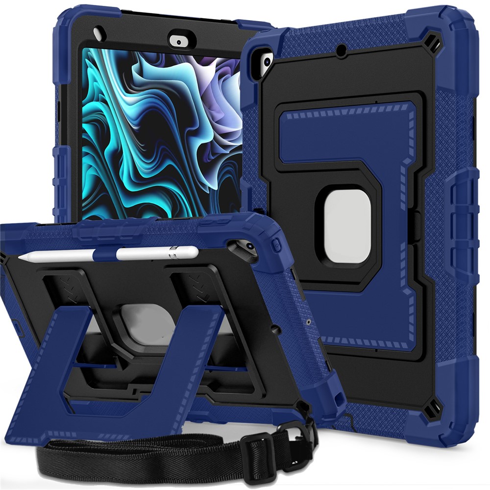 For iPad 10.2 (2021) / (2019) / (2020) Case with Kickstand Strap Anti Drop PC + Silicone Tablet Cover - Navy Blue / Black