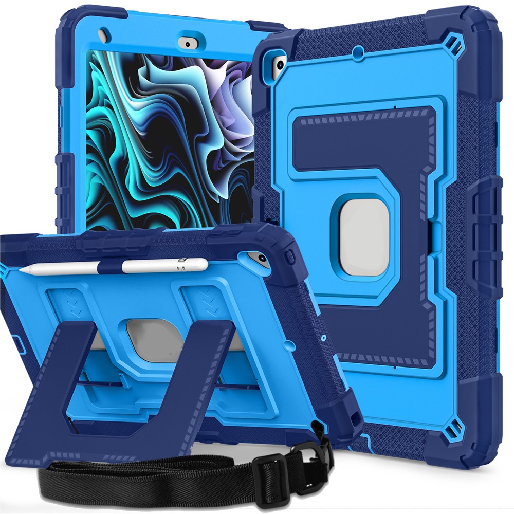 For iPad 10.2 (2021) / (2019) / (2020) Case with Kickstand Strap Anti Drop PC + Silicone Tablet Cover - Navy Blue / Blue