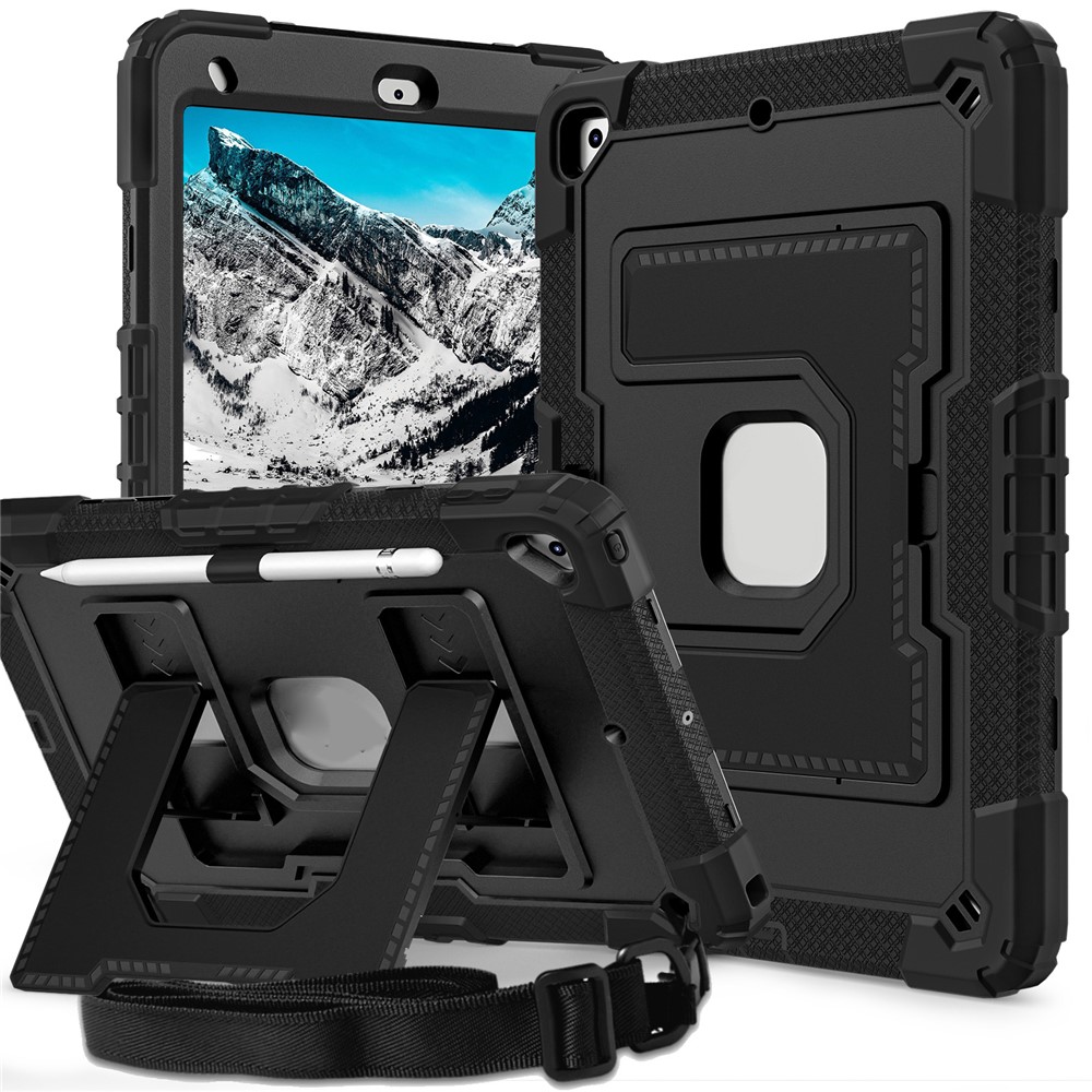 For iPad 10.2 (2021) / (2019) / (2020) Case with Kickstand Strap Anti Drop PC + Silicone Tablet Cover - Black / Black