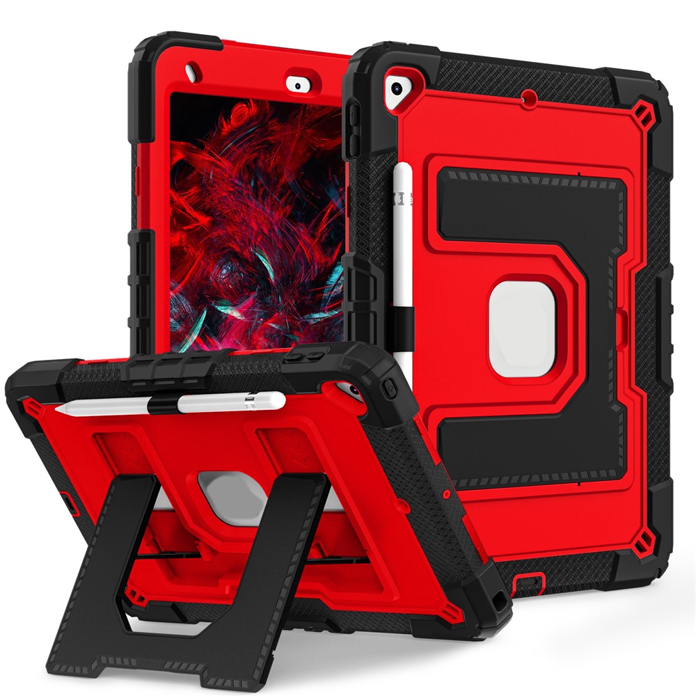 For iPad 10.2 (2021) / (2019) / (2020) Case with Kickstand Strap Anti Drop PC + Silicone Tablet Cover - Black / Red