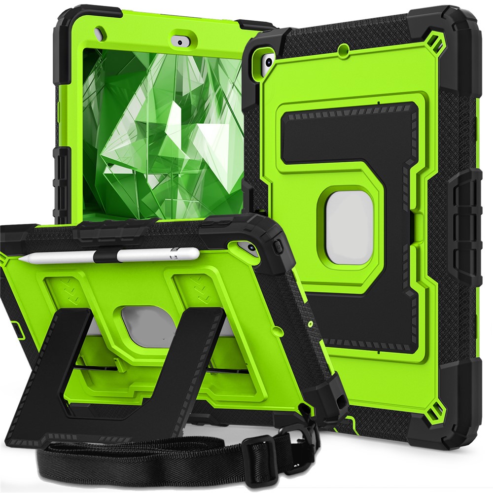 For iPad 10.2 (2021) / (2019) / (2020) Case with Kickstand Strap Anti Drop PC + Silicone Tablet Cover - Black / Yellowgreen