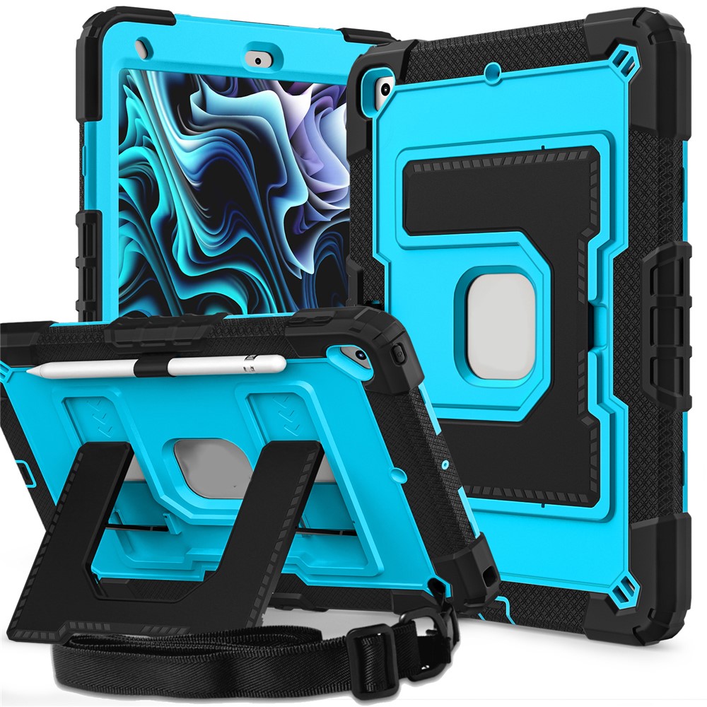 For iPad 10.2 (2021) / (2019) / (2020) Case with Kickstand Strap Anti Drop PC + Silicone Tablet Cover - Black / Blue