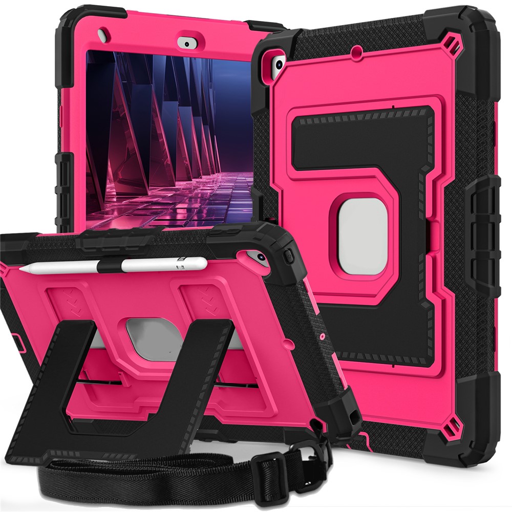 For iPad 10.2 (2021) / (2019) / (2020) Case with Kickstand Strap Anti Drop PC + Silicone Tablet Cover - Black / Rose