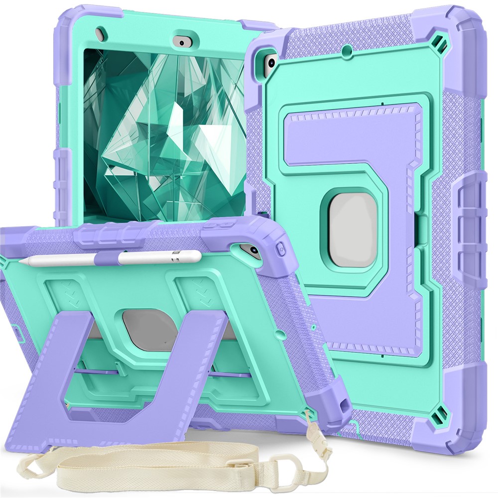 For iPad 10.2 (2021) / (2019) / (2020) Case with Kickstand Strap Anti Drop PC + Silicone Tablet Cover - Purple / Mint Green