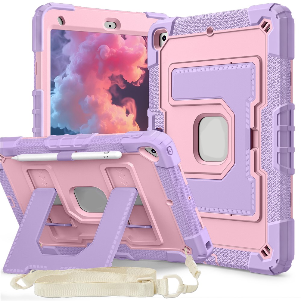 For iPad 10.2 (2021) / (2019) / (2020) Case with Kickstand Strap Anti Drop PC + Silicone Tablet Cover - Purple / Rose Gold