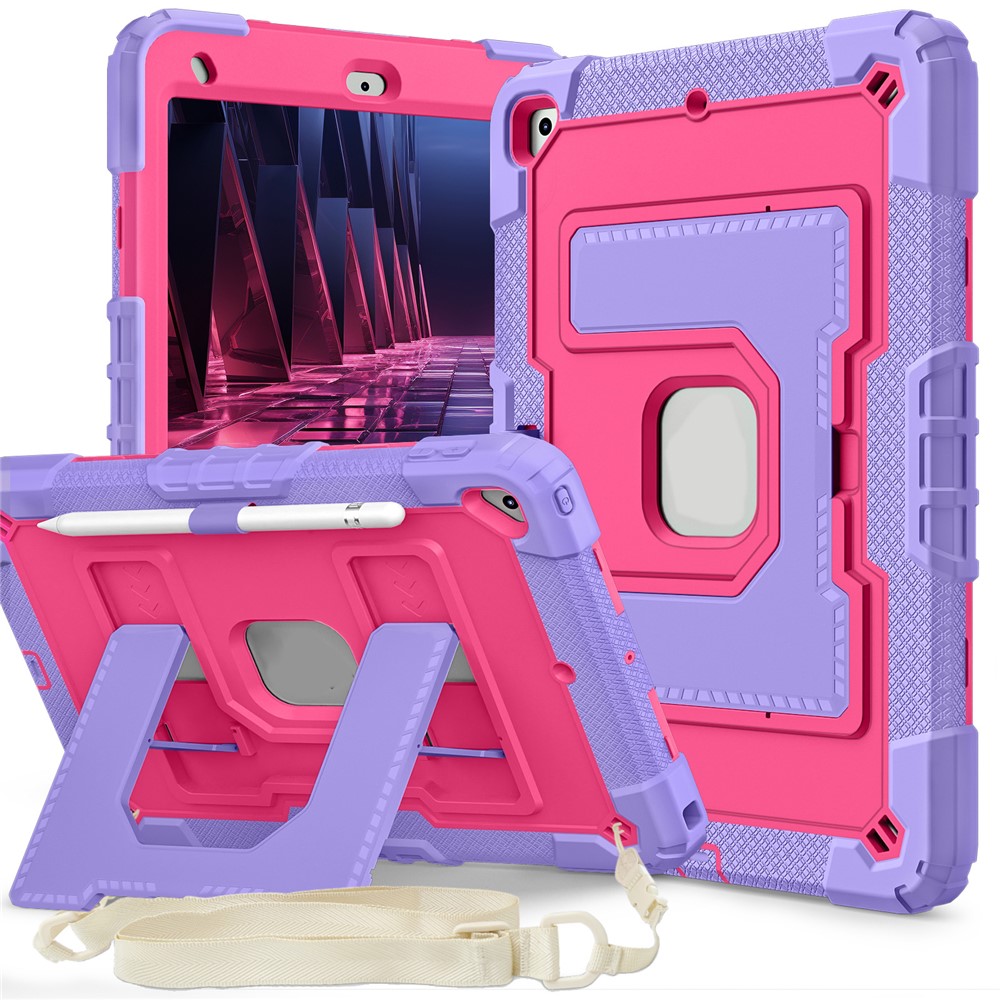 For iPad 10.2 (2021) / (2019) / (2020) Case with Kickstand Strap Anti Drop PC + Silicone Tablet Cover - Purple / Rose