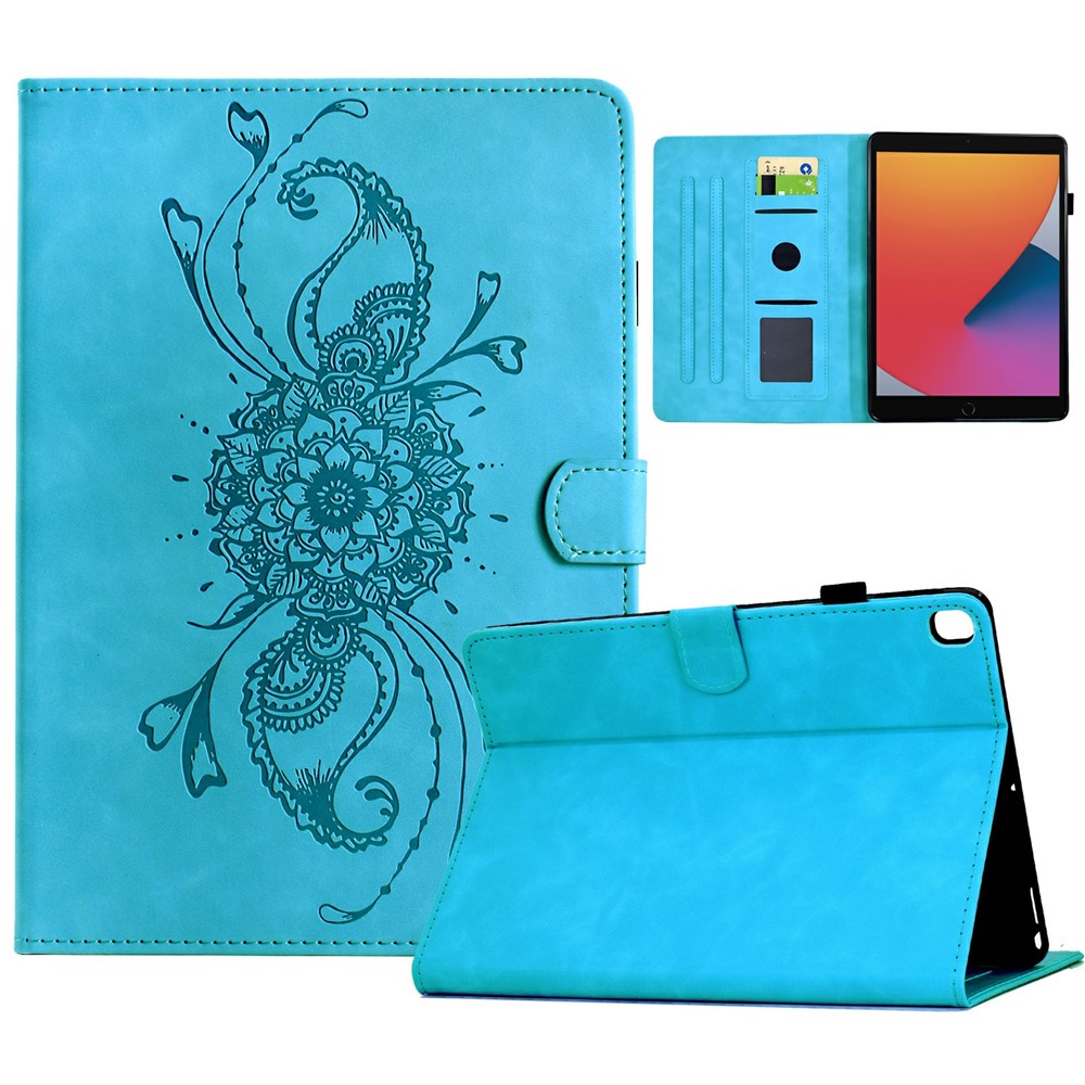Tablet Case for iPad 10.2 (2021) / (2019) / (2020) / Air 10.5 inch (2019 / Pro 10.5-inch (2017) Mandala Imprinted Leather Cover with Card Slots - Sky Blue