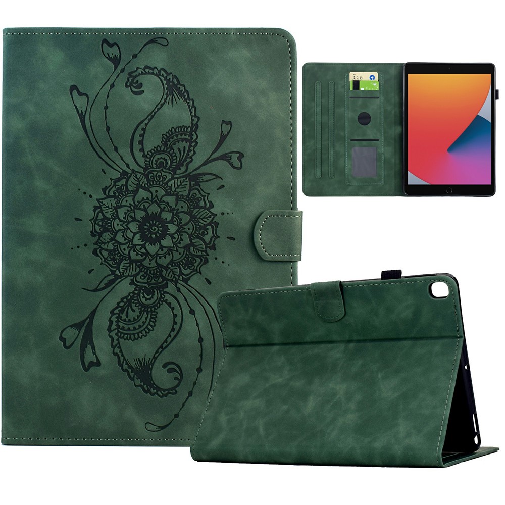 Tablet Case for iPad 10.2 (2021) / (2019) / (2020) / Air 10.5 inch (2019 / Pro 10.5-inch (2017) Mandala Imprinted Leather Cover with Card Slots - Green