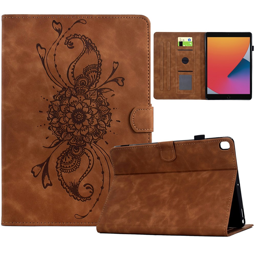 Tablet Case for iPad 10.2 (2021) / (2019) / (2020) / Air 10.5 inch (2019 / Pro 10.5-inch (2017) Mandala Imprinted Leather Cover with Card Slots - Brown