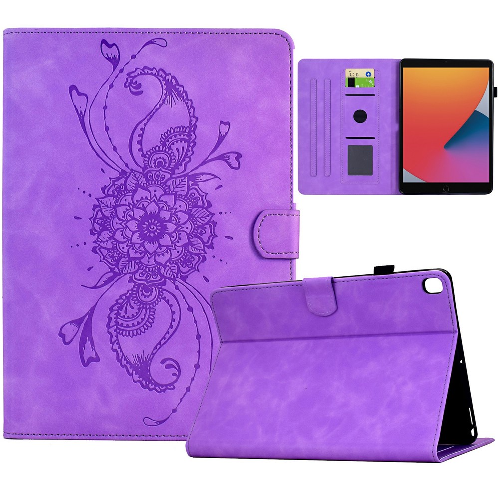 Tablet Case for iPad 10.2 (2021) / (2019) / (2020) / Air 10.5 inch (2019 / Pro 10.5-inch (2017) Mandala Imprinted Leather Cover with Card Slots - Light Purple
