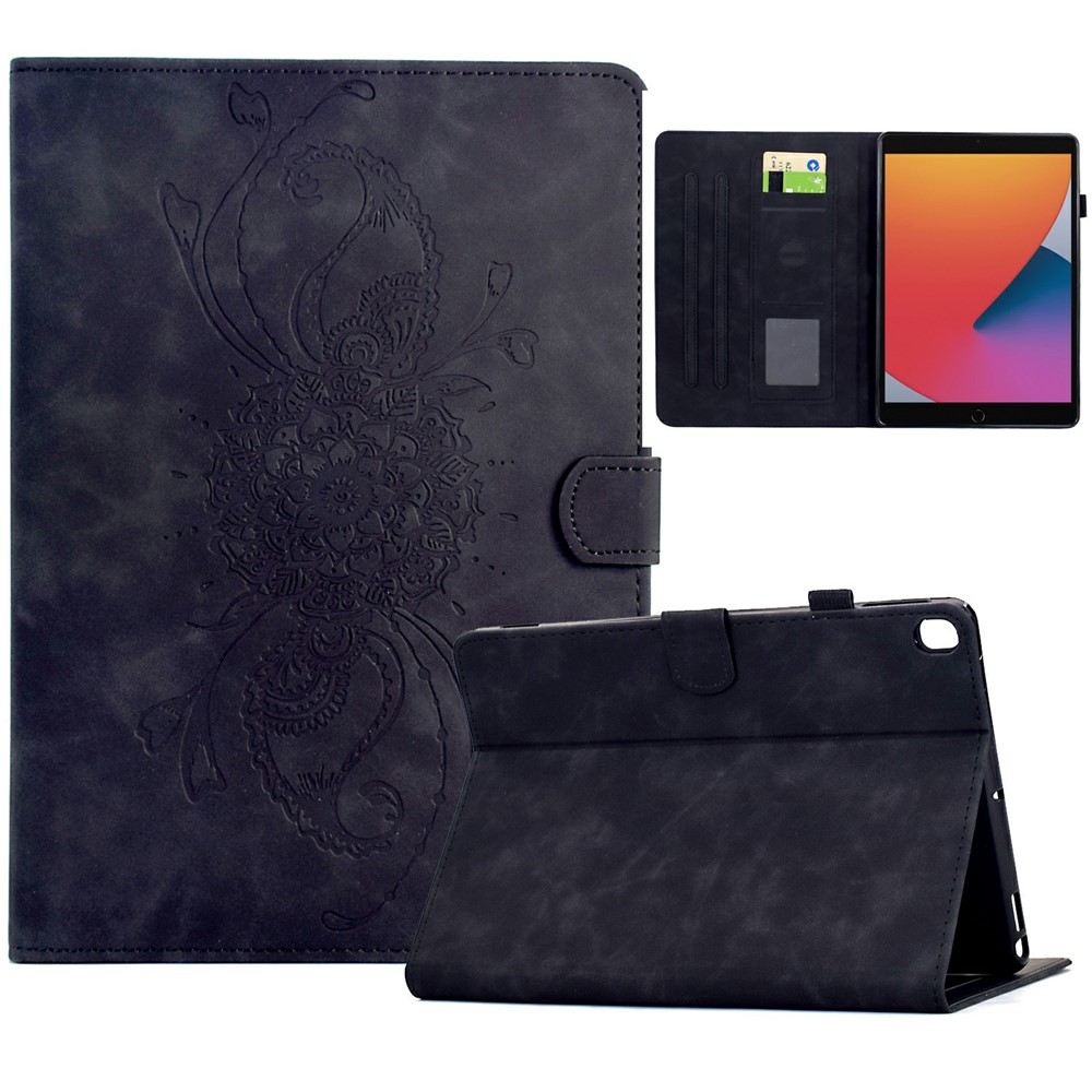 Tablet Case for iPad 10.2 (2021) / (2019) / (2020) / Air 10.5 inch (2019 / Pro 10.5-inch (2017) Mandala Imprinted Leather Cover with Card Slots - Black