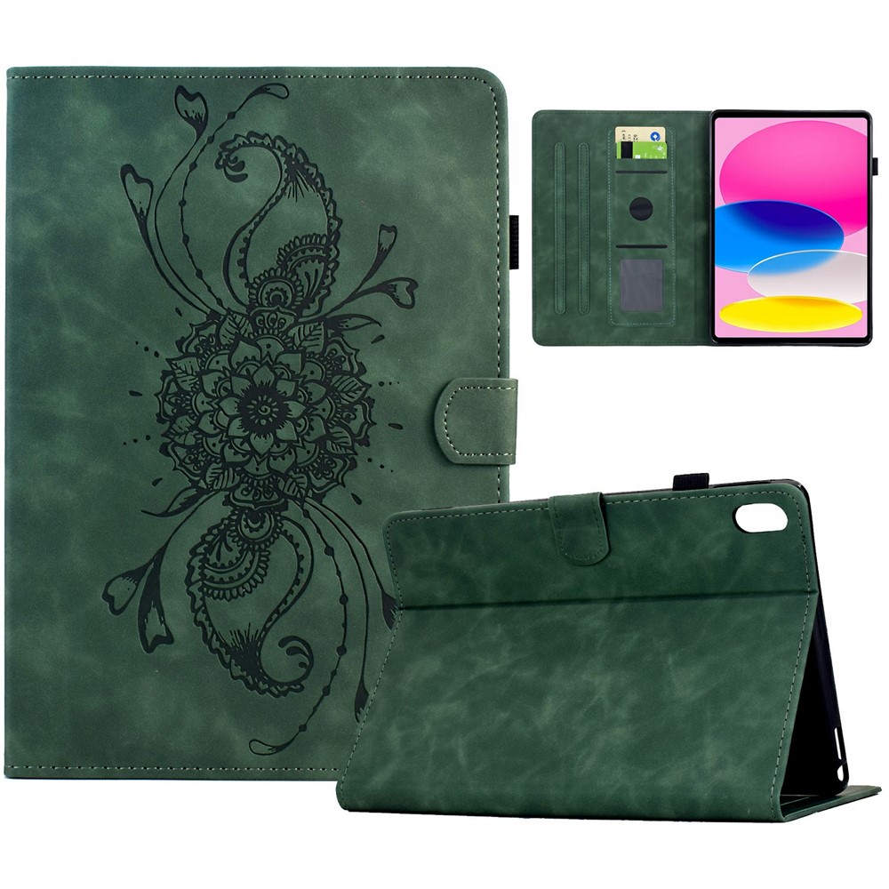 For iPad (2025) / 10.9 (2022) Case Mandala Imprinted Leather Tablet Cover with Card Slots - Green
