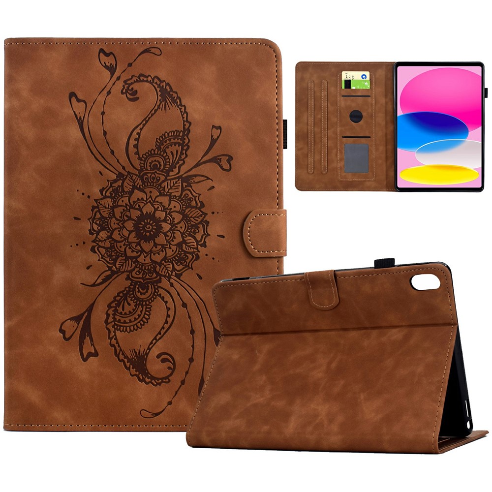 For iPad (2025) / 10.9 (2022) Case Mandala Imprinted Leather Tablet Cover with Card Slots - Brown