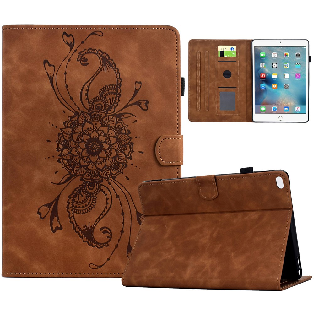 Leather Case For iPad 9.7-inch (2018) / (2017) / Air 2 / Air (2013) Mandala Imprinted Tablet Cover with Card Slots - Brown