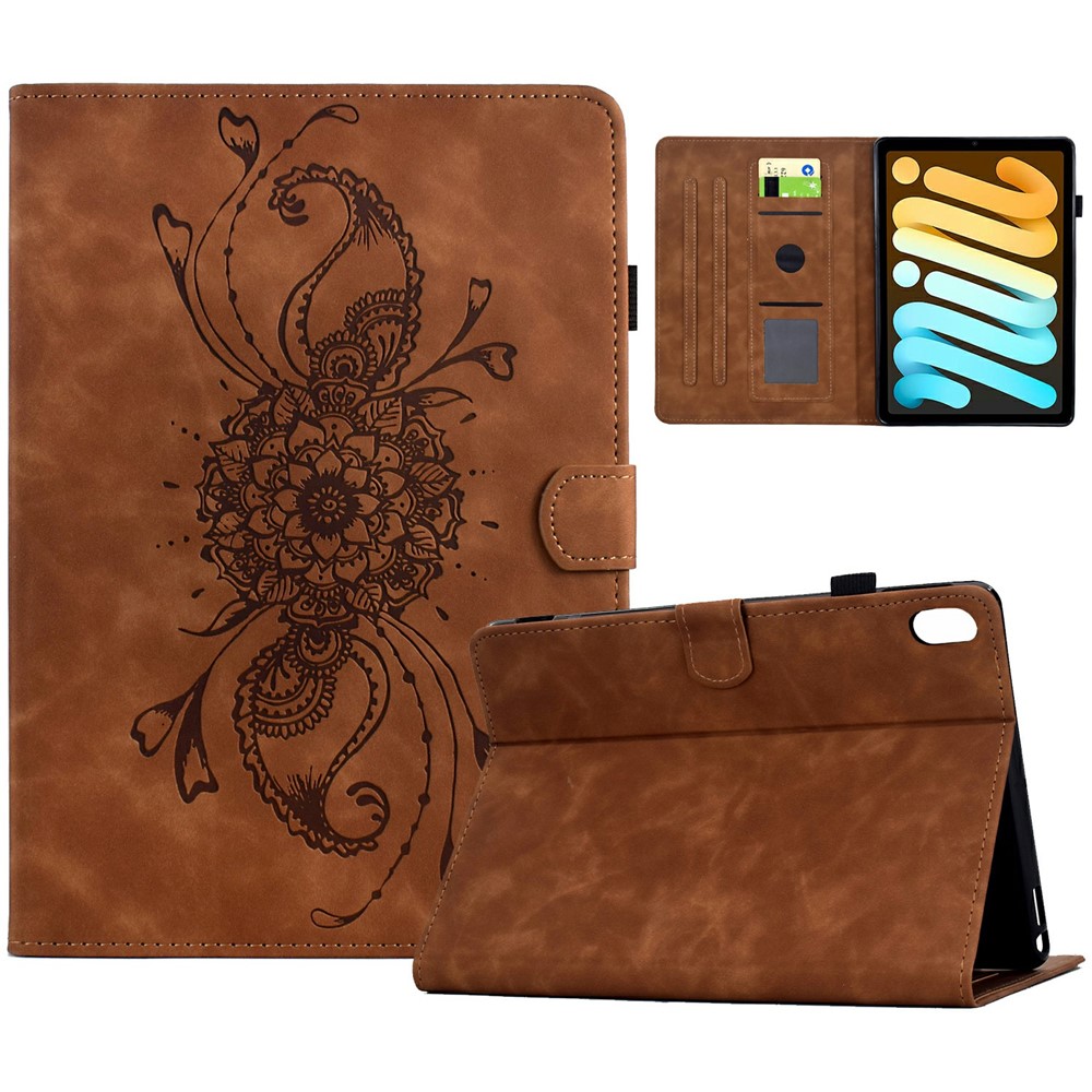 For iPad mini (2024) / (2021) Case Mandala Imprinted Leather Tablet Cover with Card Slots - Brown
