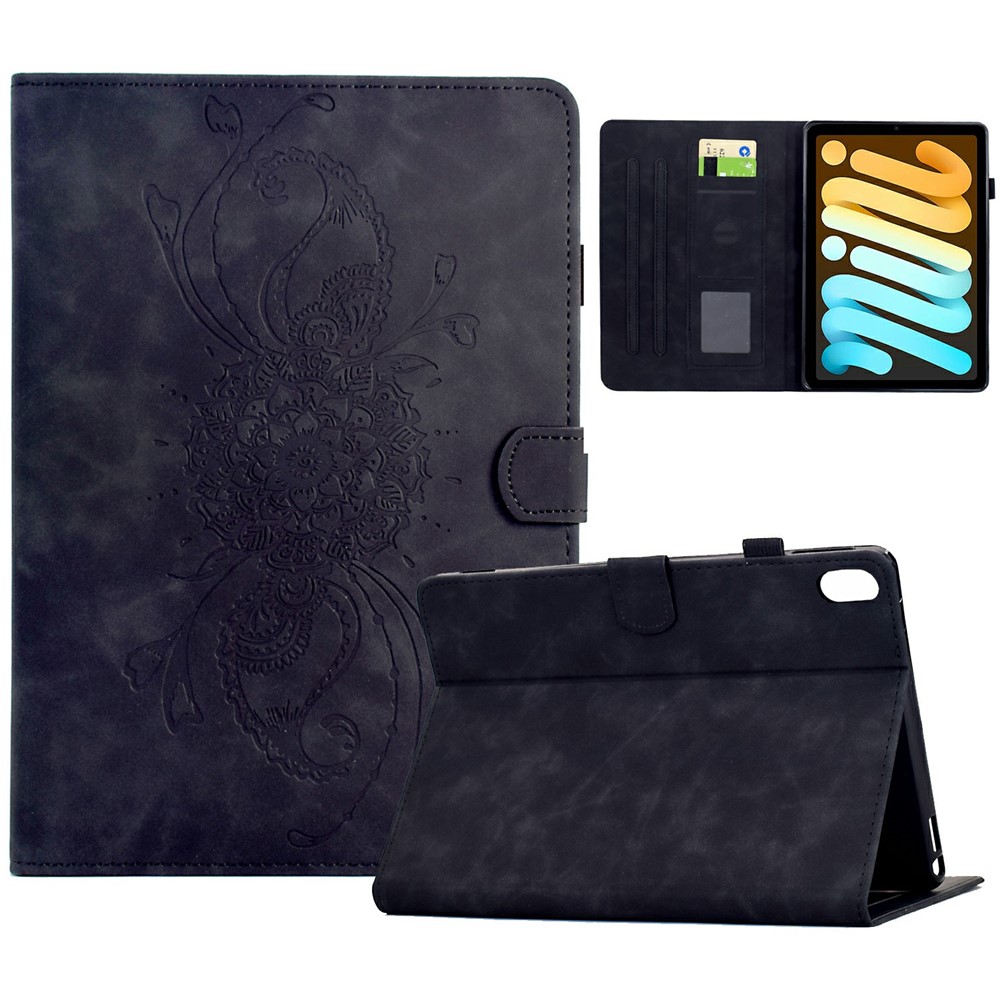 For iPad mini (2024) / (2021) Case Mandala Imprinted Leather Tablet Cover with Card Slots - Black