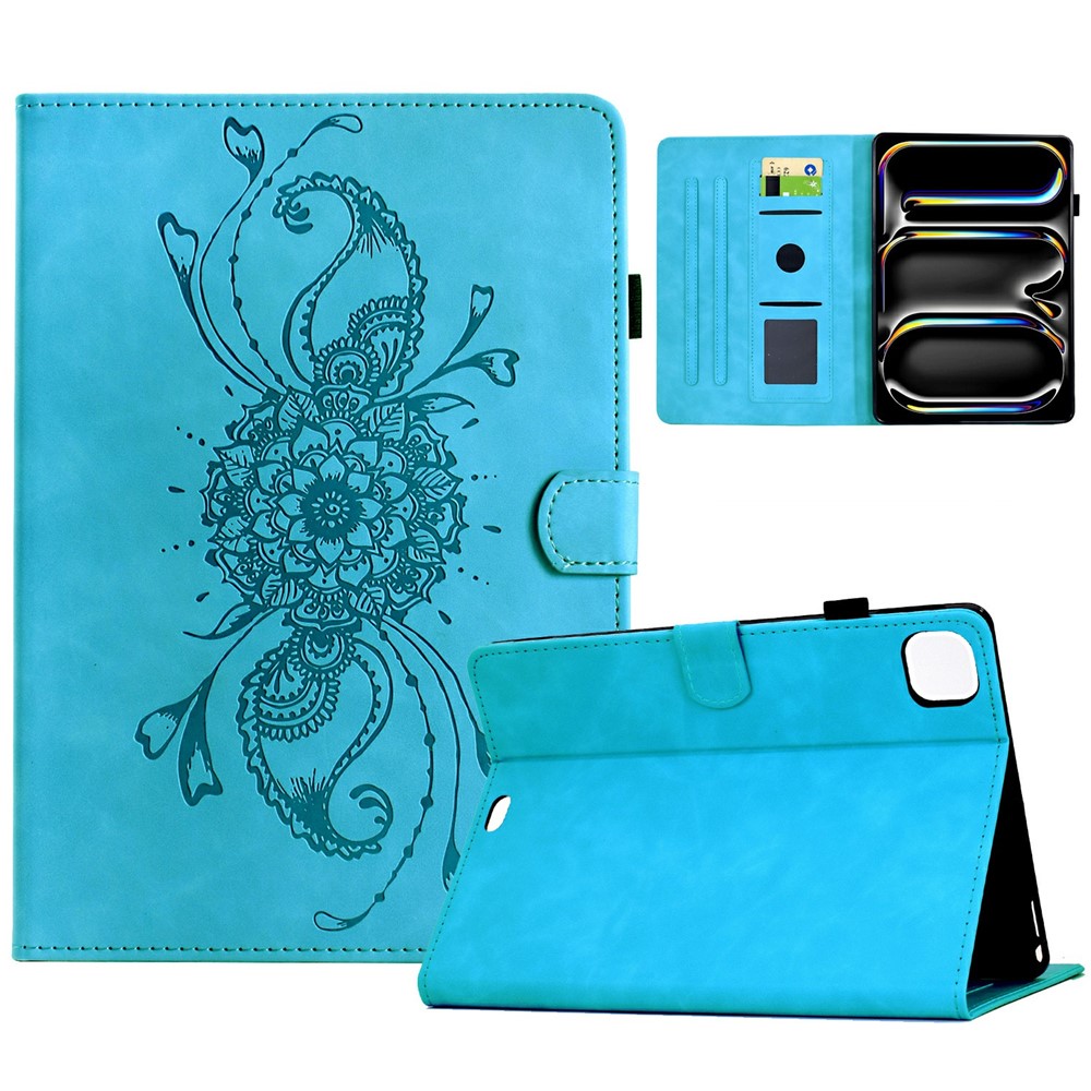 For iPad Pro 11 (2024) Case Mandala Imprinted Leather Tablet Cover with Card Slots - Sky Blue