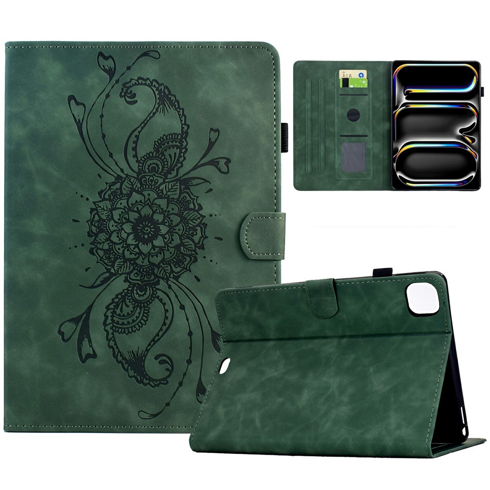 For iPad Pro 11 (2024) Case Mandala Imprinted Leather Tablet Cover with Card Slots - Green