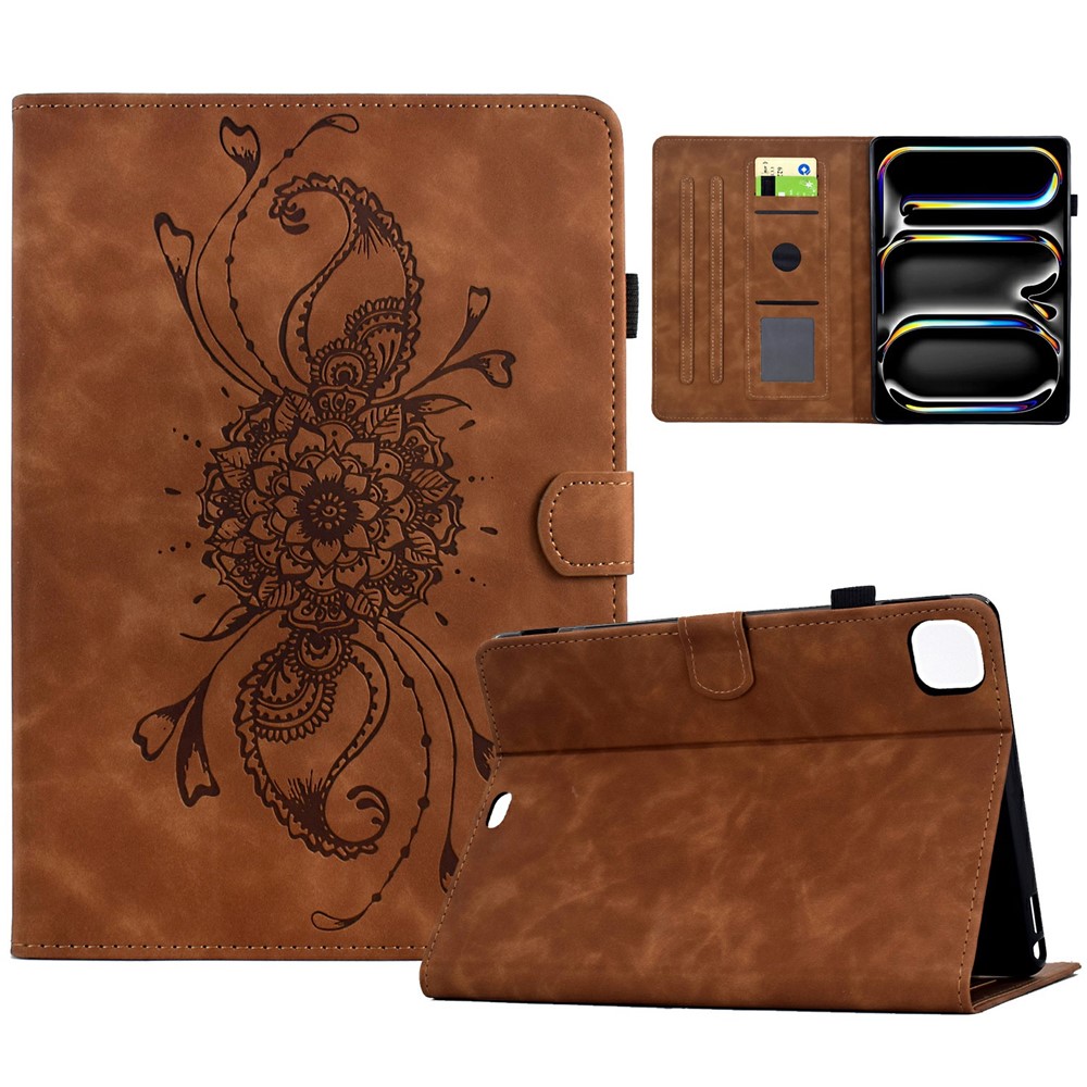 For iPad Pro 11 (2024) Case Mandala Imprinted Leather Tablet Cover with Card Slots - Brown