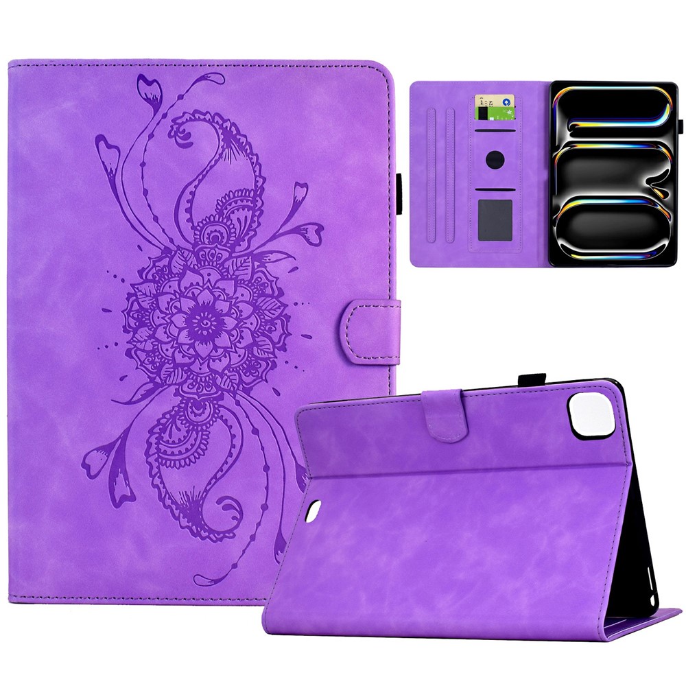 For iPad Pro 11 (2024) Case Mandala Imprinted Leather Tablet Cover with Card Slots - Light Purple