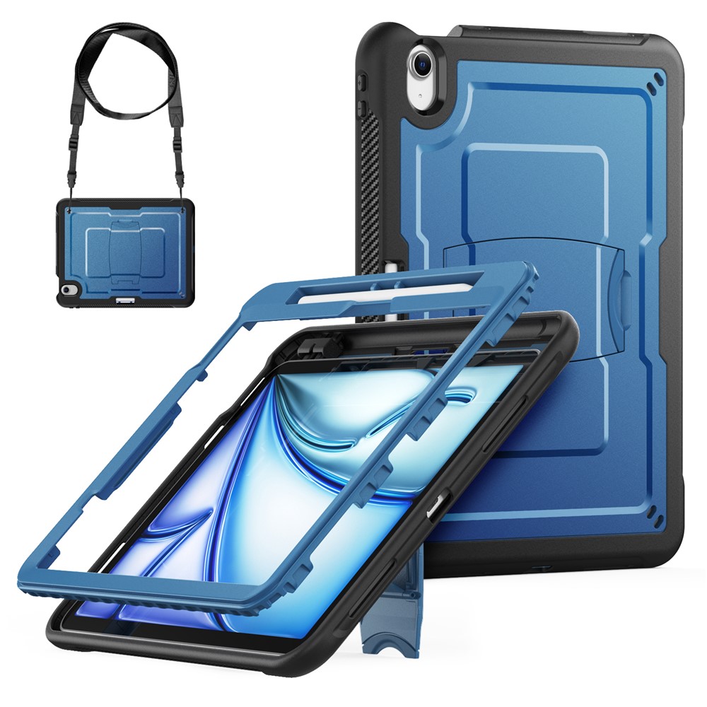 For iPad Air 11 (2025)  /  (2024) Case Hidden Zinc Alloy Kickstand PC + TPE Tablet Cover with Shoulder Strap - Navy Blue