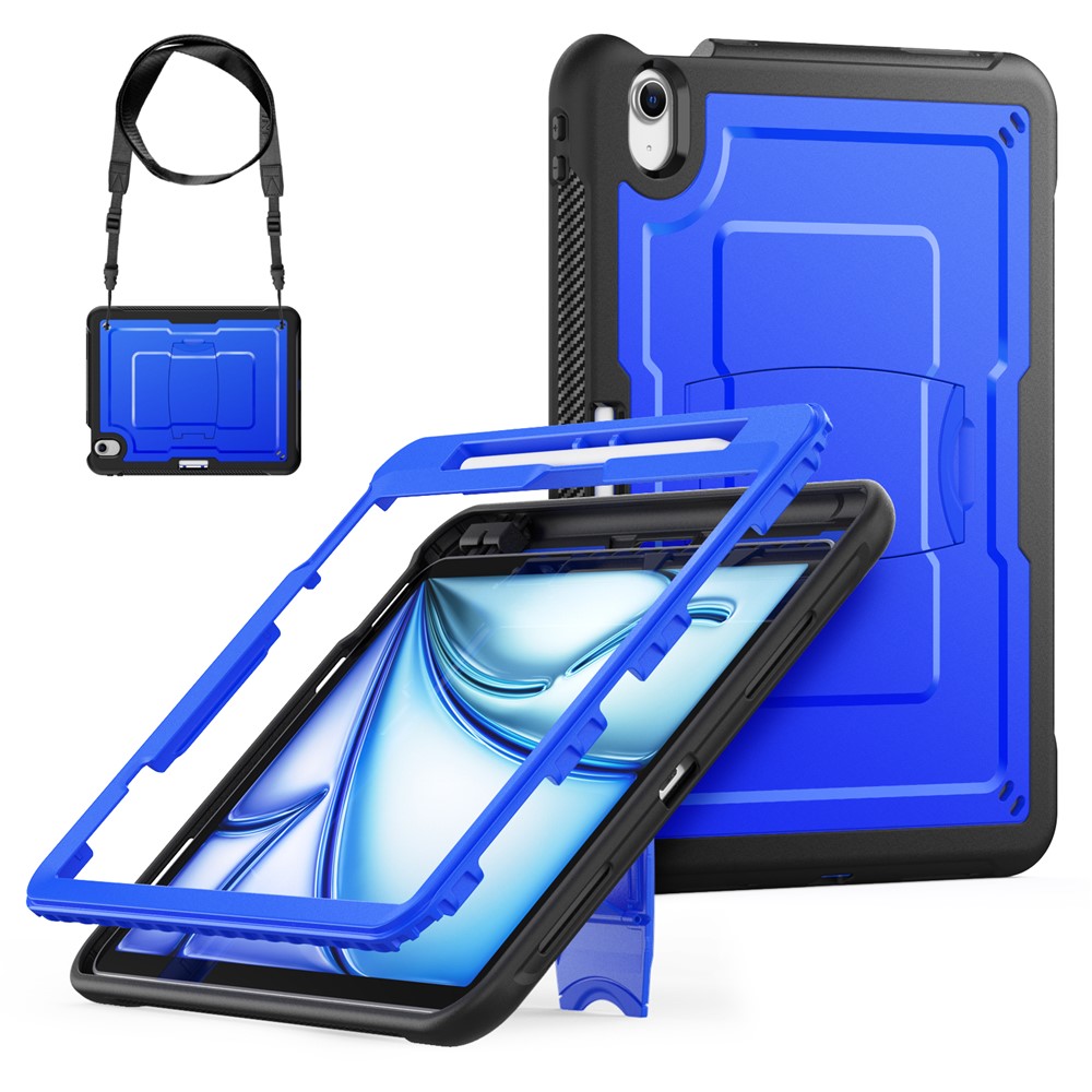 For iPad Air 11 (2025)  /  (2024) Case Hidden Zinc Alloy Kickstand PC + TPE Tablet Cover with Shoulder Strap - Dark Blue