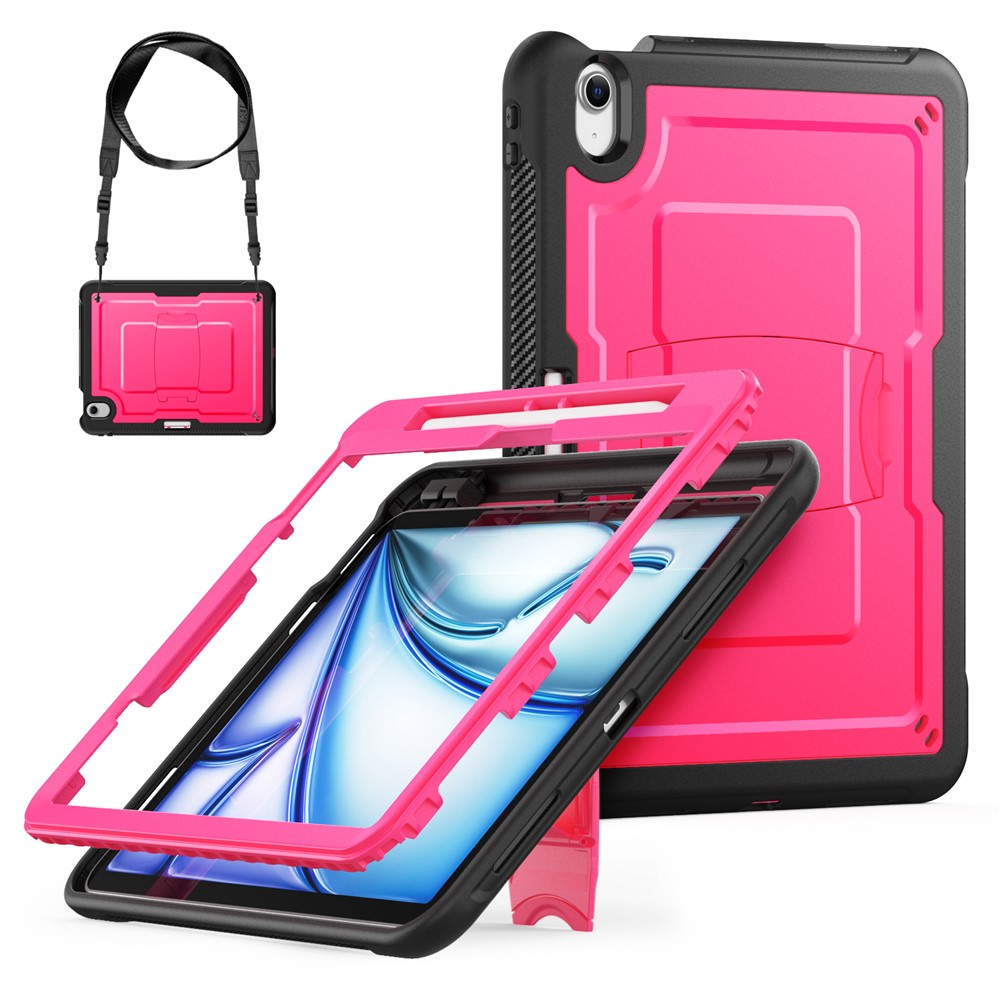 For iPad Air 11 (2025)  /  (2024) Case Hidden Zinc Alloy Kickstand PC + TPE Tablet Cover with Shoulder Strap - Rose