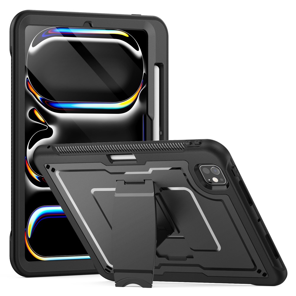 For iPad Pro 11 (2025) / 11 (2024) Case PC + TPE Tablet Cover with Hidden Zinc Alloy Kickstand - Black
