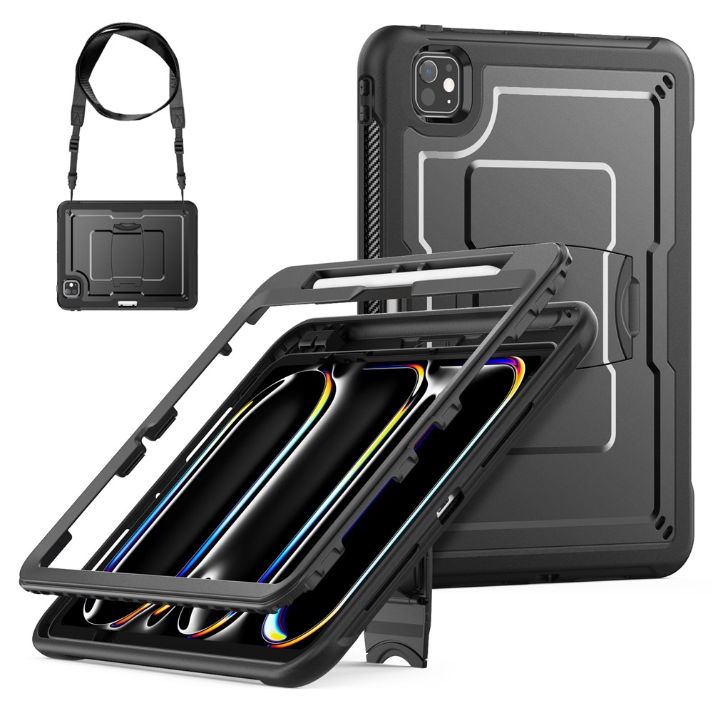 For iPad Pro 11 (2025) / 11 (2024) Case Hidden Zinc Alloy Kickstand PC + TPE Tablet Cover with Shoulder Strap - Black