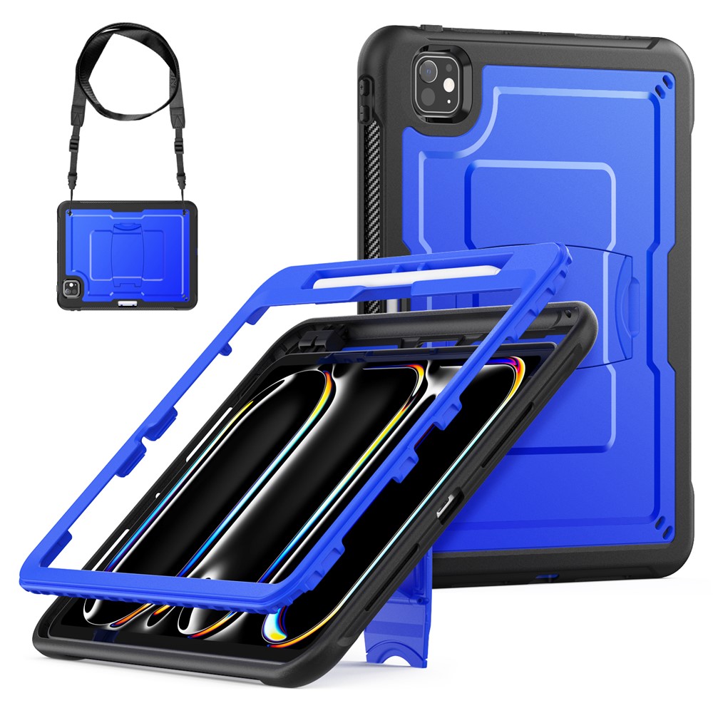 For iPad Pro 11 (2025) / 11 (2024) Case Hidden Zinc Alloy Kickstand PC + TPE Tablet Cover with Shoulder Strap - Dark Blue