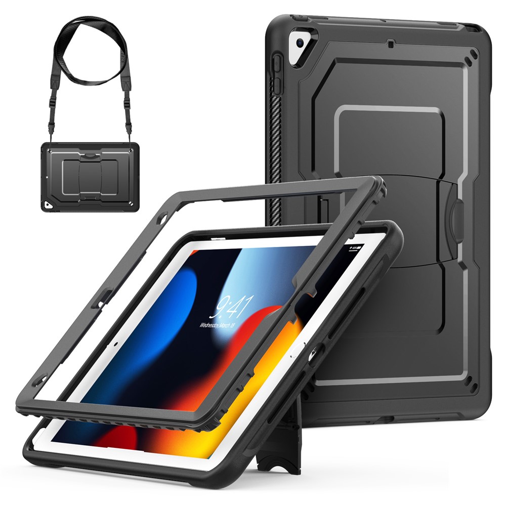 Kickstand PC + TPE Tablet Case with Shoulder Strap For iPad 10.2 (2021)  /  (2020)  /  (2019)  /  Air 10.5 inch (2019)  /  Pro 10.5-inch (2017) - Black