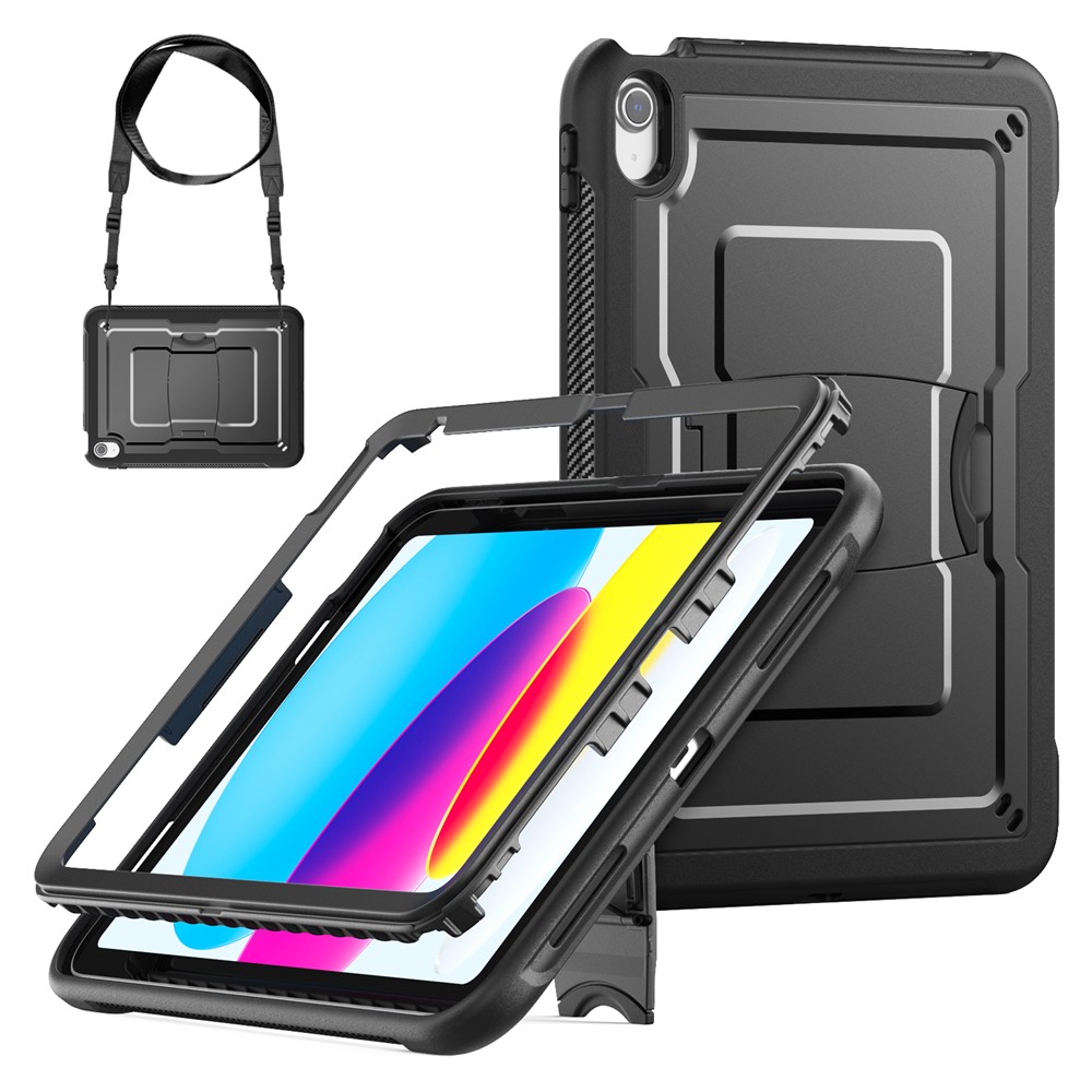 For iPad (2025)  /  10.9 (2022) Case Hidden Zinc Alloy Kickstand PC + TPE Tablet Cover with Shoulder Strap - Black