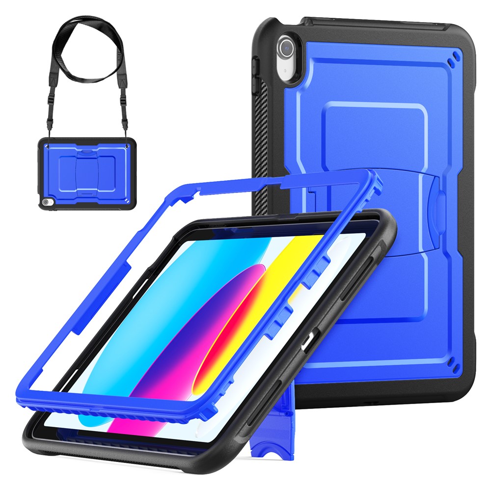 For iPad (2025)  /  10.9 (2022) Case Hidden Zinc Alloy Kickstand PC + TPE Tablet Cover with Shoulder Strap - Dark Blue
