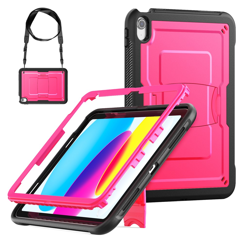 For iPad (2025)  /  10.9 (2022) Case Hidden Zinc Alloy Kickstand PC + TPE Tablet Cover with Shoulder Strap - Rose