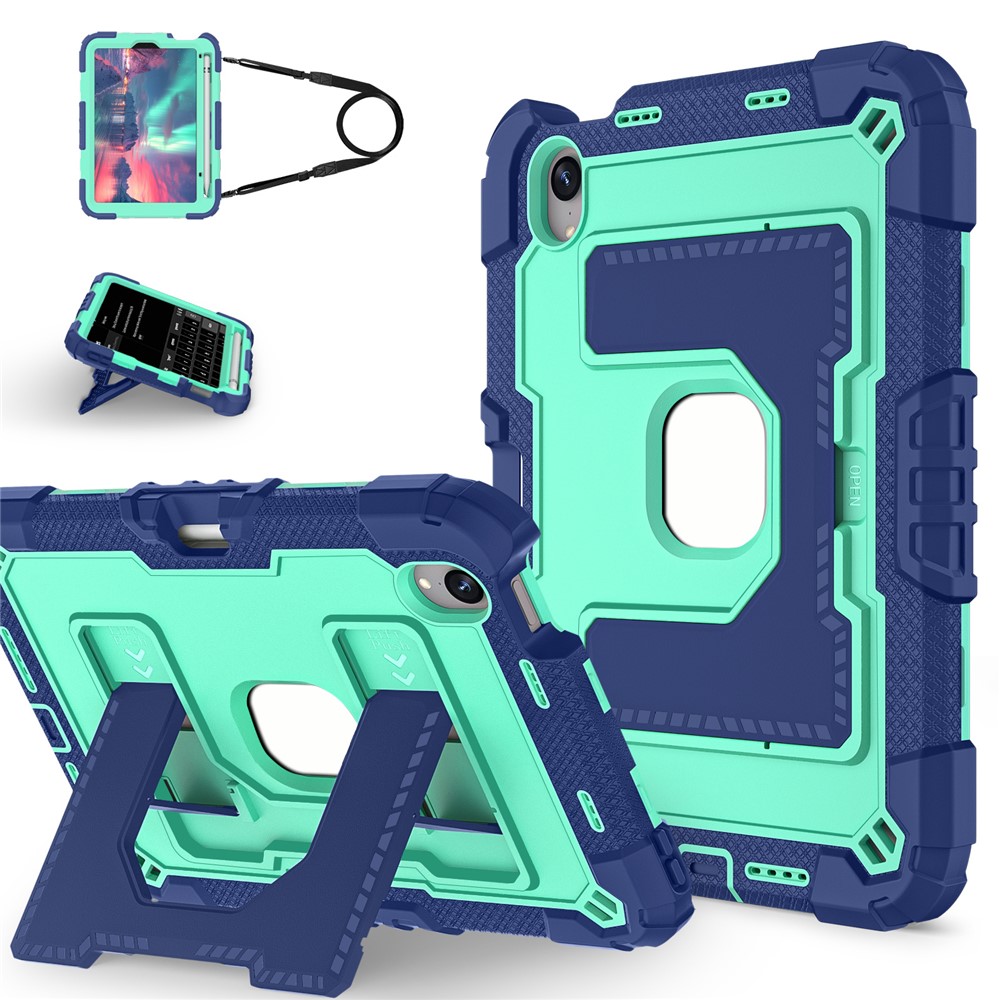 For iPad mini (2024) / (2021) Case with Kickstand Strap Pen Slot Anti Drop PC + Silicone Tablet Cover - Black / Mint Green