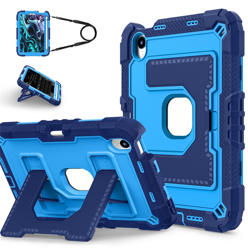For iPad mini (2024) / (2021) Case with Kickstand Strap Pen Slot Anti Drop PC + Silicone Tablet Cover - Navy Blue / Blue